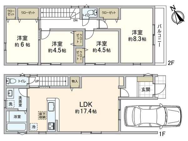 尼崎市東園田町7丁目 新築戸建 2号棟 間取図(平面図) 尼崎市東園田町7丁目 新築戸建 2号棟 間取図(平面図)