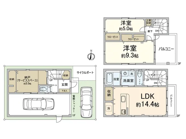 2階に水回りが集結しているので、使い勝手の良い間取りとなっております。車庫については、ビルトインガレージですので、お車好きの方には嬉しい間取りです。