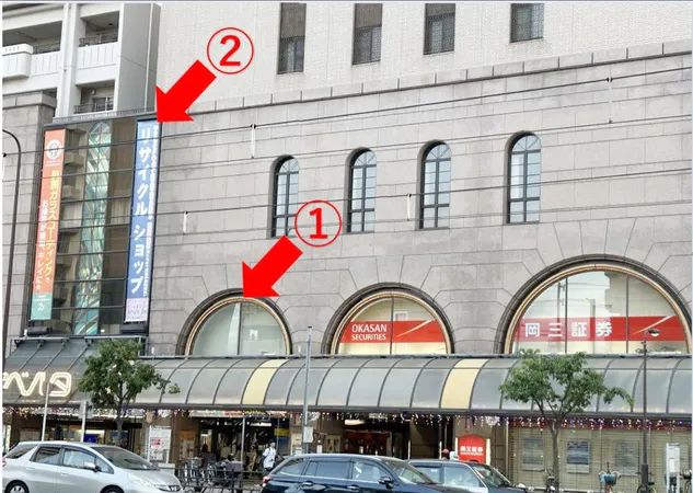 広告可能エリア（①本物件裏側部分②外壁横断幕広告）