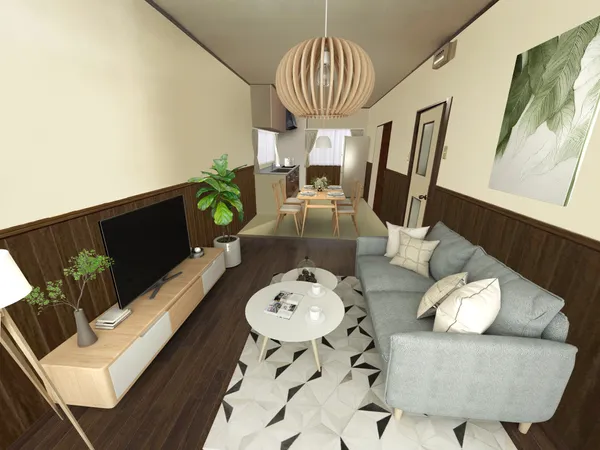 LDK（※画像は実際の室内写真および間取り図をもとに、CGにて再現した「空室リフォームイメージ」に家具・調度品の配置例をCG合成したもので、実際とは多少異なります。また、家具等は販売価格に含まれませ…