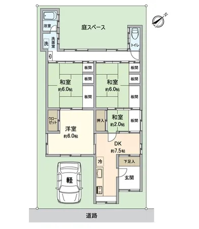 間取図。平屋建４DKで駐車スペース１台あります。物件のお問合せは三井のリハウス堺東センター、担当石川迄ご連絡下さい。