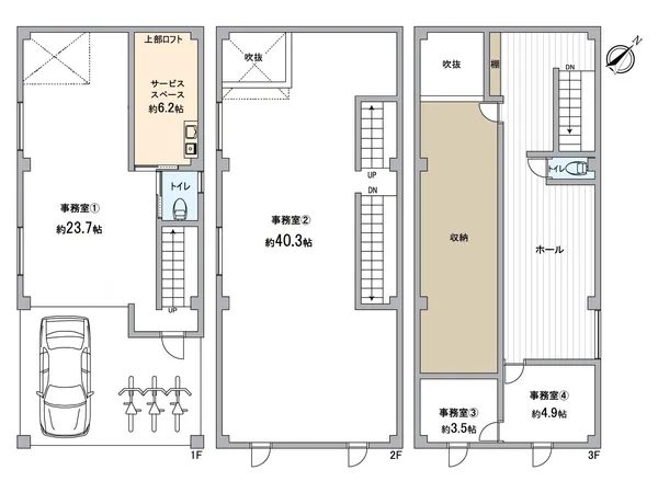 1階電動シャッターで資材置場や車庫としてご利用頂けます。