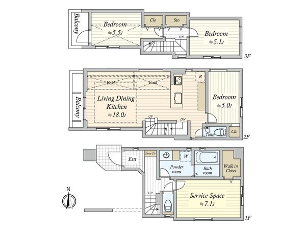 中野区上高田3丁目 新築戸建 1号棟 間取図(平面図) 中野区上高田3丁目 新築戸建 1号棟 間取図(平面図)
