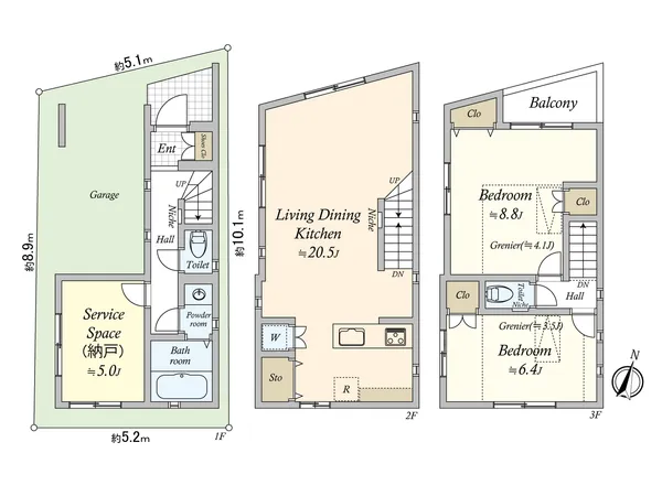 約２０．５帖のＬＤＫ、３階の洋室２部屋の上部に小屋裏収納あり。