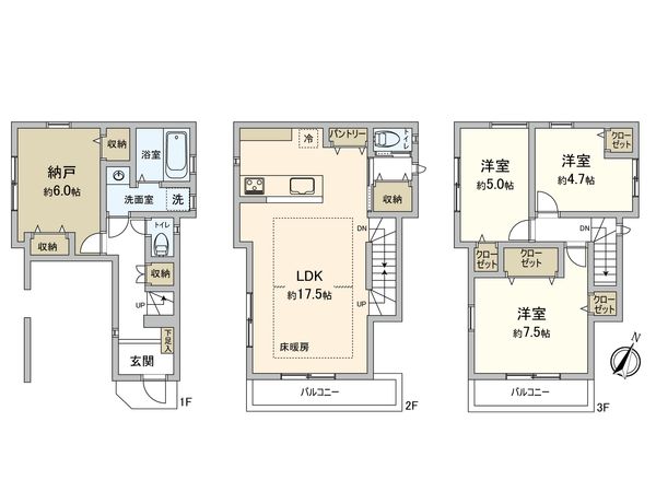 港北区高田西3丁目(新築戸建)3号棟 間取図(平面図) 港北区高田西3丁目(新築戸建)3号棟 間取図(平面図)