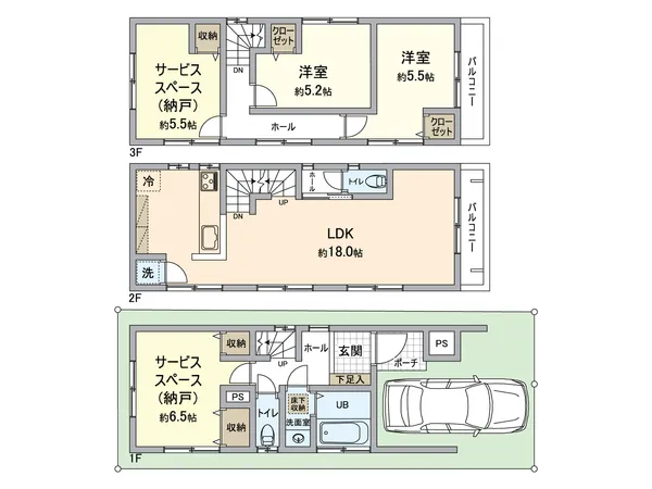 南側が空地のため陽当り良好です。建物面積は97.69平米、土地面積は60.10平米の3階建てです。
