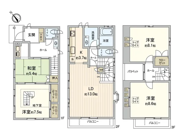 LDKや洗面室などの水回りが2階に集約され、家事動線が良好な間取りです。収納が住まいの随所に備わっています。トイレは、1・2階に設けられています。