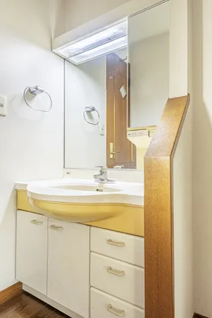 【洗面室】洗面化粧台には、コンセントが備わっているので、ドライヤーなどの家電を使用することができます。