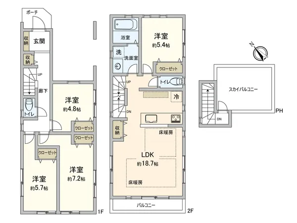 スカイバルコニー付きの４LDKの新築戸建です。各居室クローゼットに加え、リビングや廊下にも収納スペースを設けております。