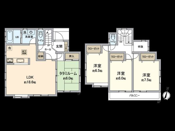 桂台東 2007年築カースペース2台以上確保した分譲地内住宅 間取図（全室南向きの明るい間取り）