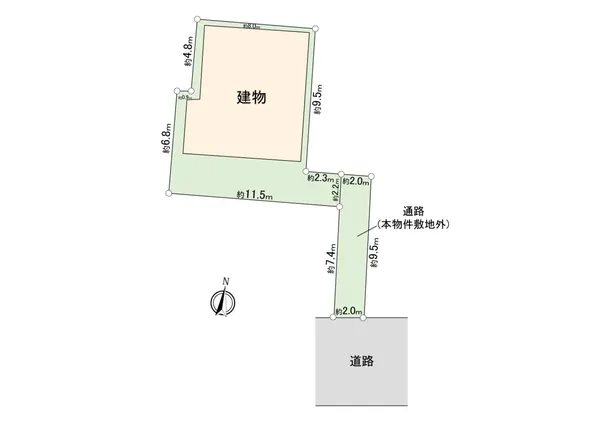 【区画図】建物から道路までの間に、本物件敷地外通路がございます。歩行者の視線を気にする必要が少なくなり、プライバシーが保たれます。※実測図では御座いません