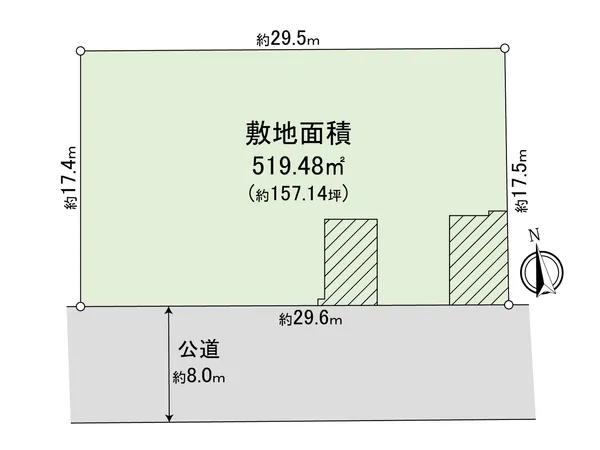 【地形図】※地形図の斜線箇所は、現状車庫部分と玄関アプローチ部分となります。この部分に盛土をしてしまうと開発許可が必要となるため、現状の地盤面を維持する必要があります。