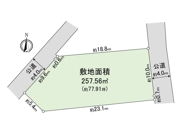 土地面積：257.56平米（約77.91坪）/ 建ぺい率：80% / 容積率：400%（※但し前面道路幅員により240％に制限されます。）