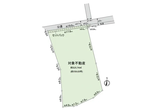 土地面積525.74平米（約159.03坪）の広々とした土地※セットバック約17.66平米を含む