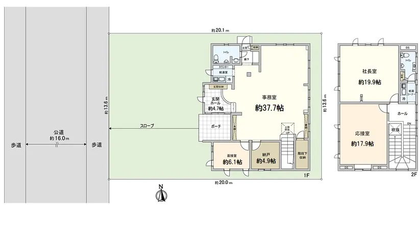 約37.7帖の広々事務室に加え、会議室・応接室・社長室を備えた機能的な間取り。駐車スペースも確保しやすい整形地で、ビジネスに適した事務所です。