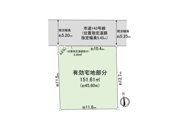間口約１１ｍ×奥行約１２ｍの整形地、間取りの自由度が高く、賃貸併用住宅や事務所併用住宅、３階建てなどボリュームのある建築も可能です。