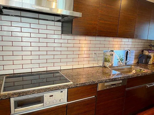 大理石の天板、食洗器・ディスポーザー付きのキッチン（床暖房有り）