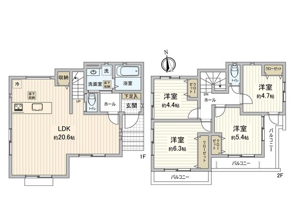 府中市若松町4丁目 新築戸建 1号棟 間取図(平面図) 府中市若松町4丁目 新築戸建 1号棟 間取図(平面図)