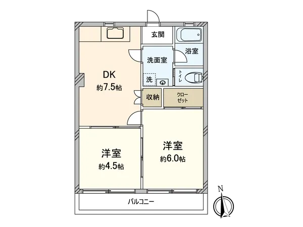 専有面積36.29平米、2DKタイプ。南面バルコニ―につき陽当り良好です。