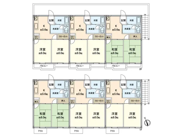 C棟　2DK✕６世帯間取図