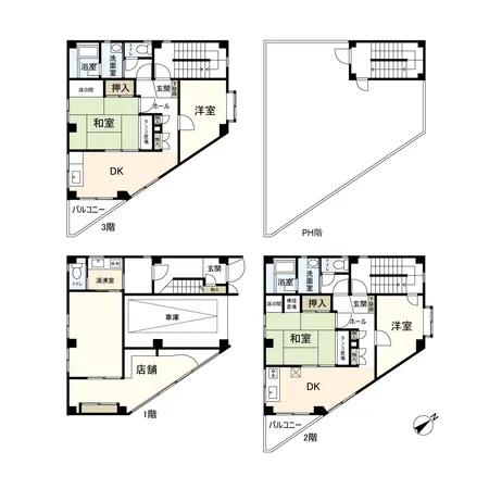 鉄骨造3階建　1階店舗　2階3階住居