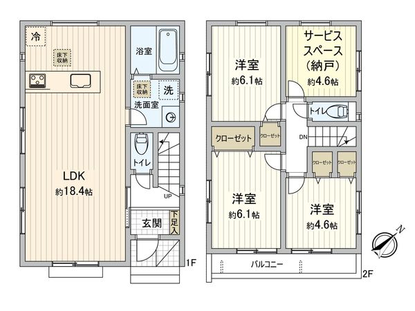 船橋市八木が谷1丁目 新築戸建 2号棟 間取図(平面図)