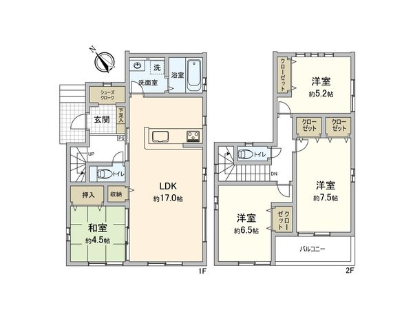 市川市南大野2丁目 新築戸建2号棟 間取図(平面図) 市川市南大野2丁目 新築戸建2号棟 間取図(平面図)
