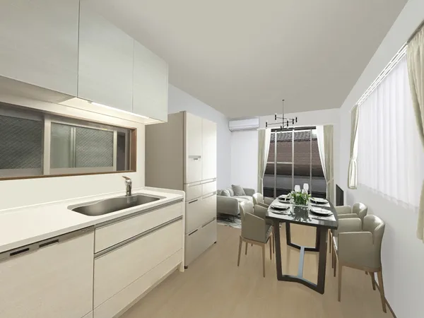 窓も多く風通しの良いリビング、白を基調とした室内はお気に入りの家具が映えそうです♪※画像は実際の室内写真にCGにて再現したに家具・調度品の配置例をCG合成したもので、実際とは多少異なります。