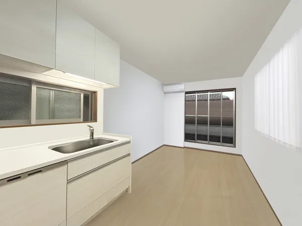 窓も多く風通しの良いリビング、白を基調とした室内はお気に入りの家具が映えそうです♪※画像は実際の室内写真および間取り図をもとに、CGにて再現した「空室イメージ」であり、実際とは多少異なります。