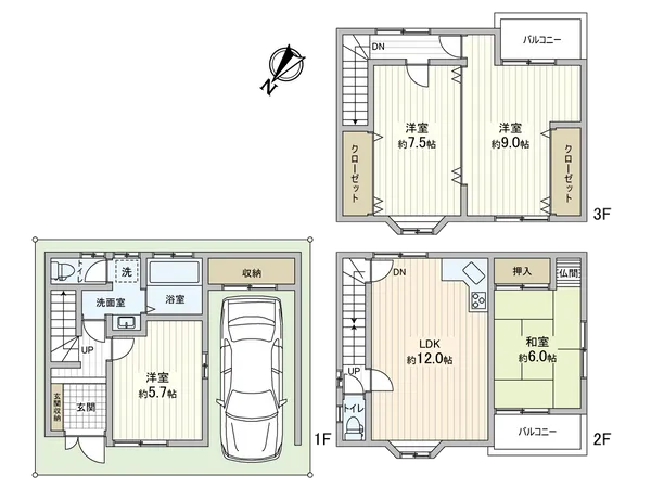 4LDKの広々したビルドインガレージ付き住宅♪