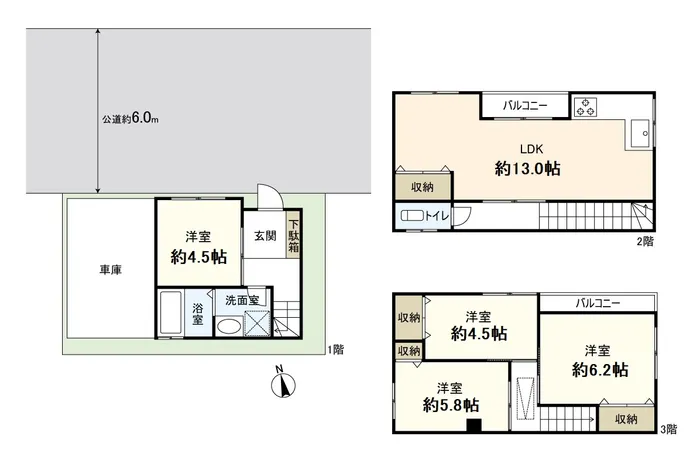 3階建て、4LDKの間取り車庫部分にはお車の駐車も可能です