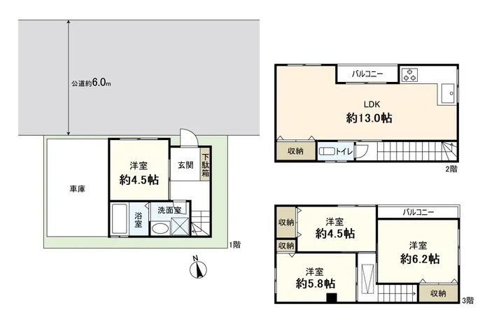 3階建て、4LDKの間取り車庫部分にはお車の駐車も可能です