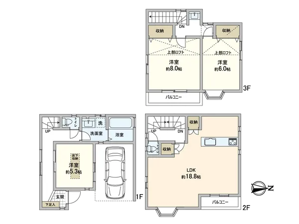 ロフト付きの洋室を備えた3ＬＤＫタイプ。