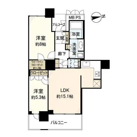 38階建て21階部分に位置する2LDKのお部屋です。