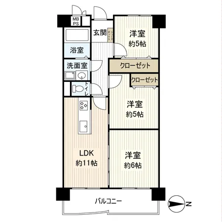 11階建て10階部分に位置する3LDKのお部屋です。