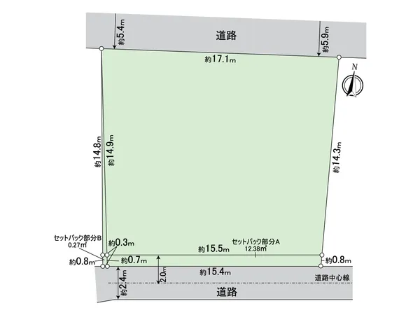 敷地図は仮測量図面を元に作成しており、確定図面ではありません。土地面積および寸周り間については、隣地境界立会等が未了のため、確定測量の結果増減する可能性があります。