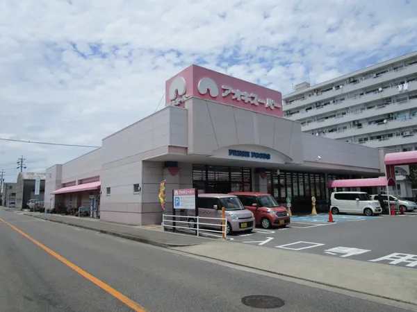 アオキスーパー六名店の外観です。駐車場が広く、買い物の際に便利な立地です。