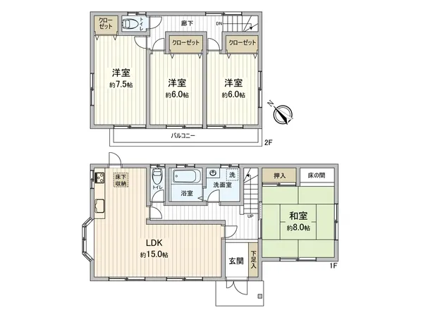 4LDKの間取りです。南西向きのため、お部屋にたっぷりと暖かな陽射しが射し込みます。また、床下収納や各居室のクローゼットなど収納が豊富です。