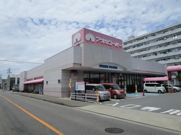 アオキスーパー六名店の外観です。駐車場が広く、買い物の際に便利な立地です。