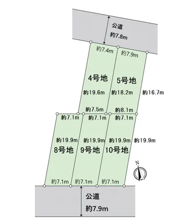 ④⑤号地は約7.8Mの公道が北側に接道しており、⑧⑨⑩より少し間口が広い区画！小・中学校、市民病院、九品地公園が近い好立地！