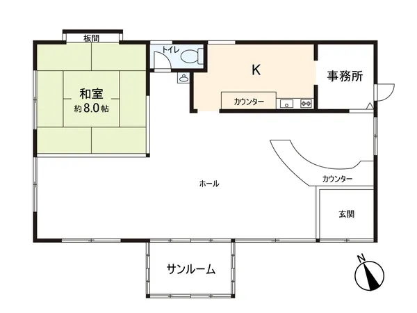 以前はカフェとして使用しており、キッチンスペースや和室、広いホールがございます。