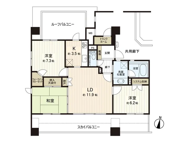 南側約１１．５ｍのワイドスパン設計。南面三室、三面採光の南西角部屋の明るい間取りです。