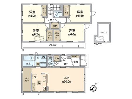 西辛川新築 全室2面採光で日差しがお部屋に入りやすい明るいお住まい。収納スペースが豊富な4LDKの間取り。