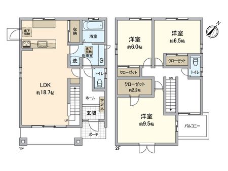 湊戸建 約18.7帖のLDK。2階洋室は全て6帖以上のゆったりとした間取りです。