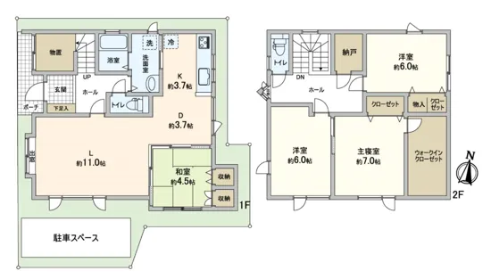 4LDK＋納戸タイプの間取りです。トイレは1、2階共に設置されております。