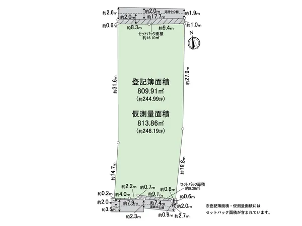 仮測量面積 約813.86平米/R6.9実施敷地図は仮測量図面を元に作成しており、確定図面ではありません。仮測量面積及び寸周り間は、隣地境界立会等が未了の為、確定測量の結果増減する可能性があります。