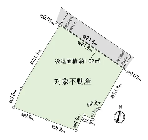 土地面積：522.31平米（約157.99坪）※セットバック約1.02平米を含む　間口：約21.6ｍ　前面道路幅員：約3.8ｍ
