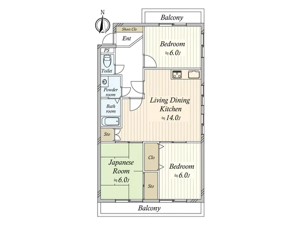 3LDKで、南向きバルコニーの陽当たり良好な解放感のある間取りです。