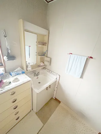 洗面スペースには収納付きの洗面台が備わっており、ミラーキャビネットや小物棚もあります。