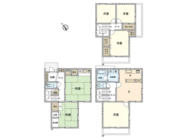 間取図です。1階は和室が2部屋、2階は広々としたDKと洋室、3階には洋室が3部屋配置されています。